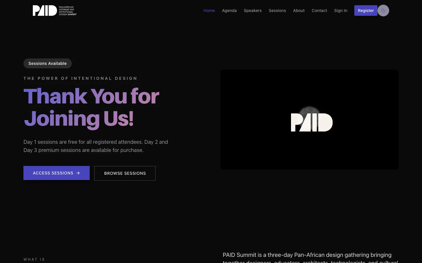 The PAID Summit 2026 home page: a dark page with the summit logo, a headline and buttons to access the sessions