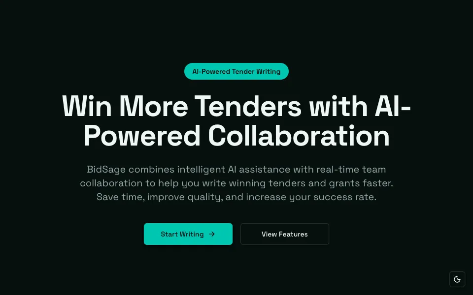 The BidSage home page: Win More Tenders with AI-Powered Collaboration