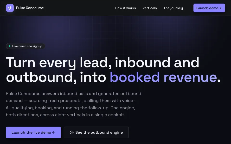 The Pulse Concourse home page: Turn every lead, inbound and outbound, into booked revenue