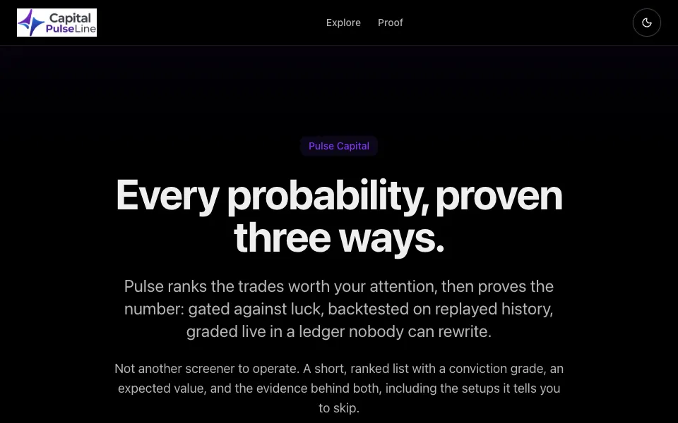 The Pulse Capital home page: every probability, proven three ways