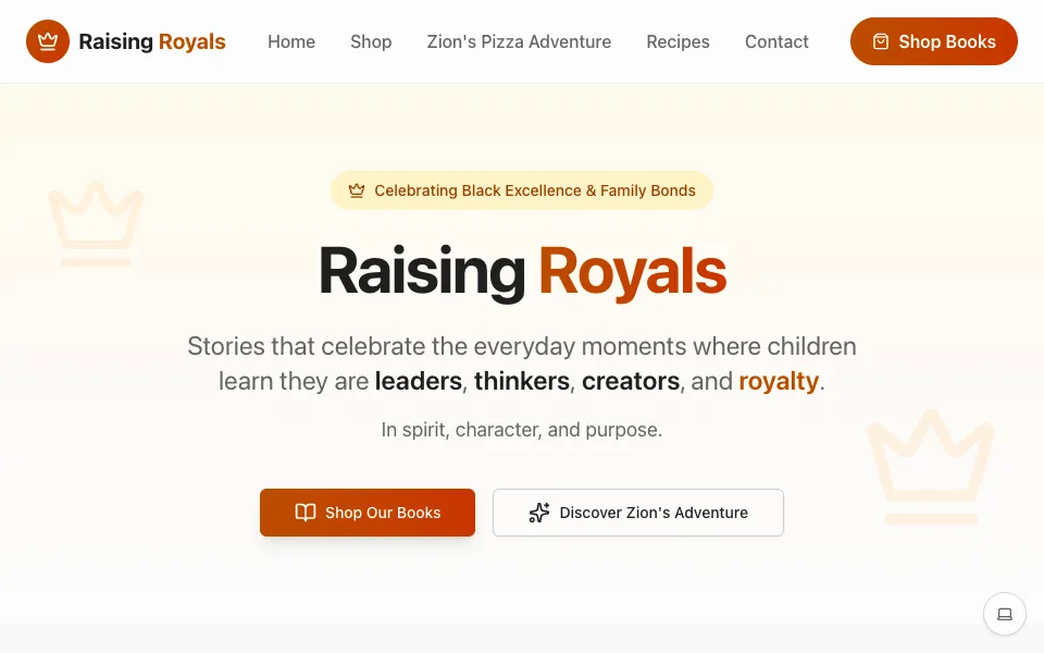 The Raising Royals home page, with its first story, Zion’s Pizza Adventure