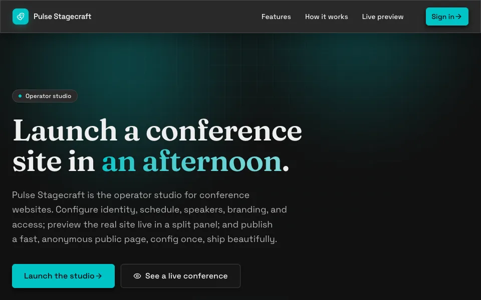 The Pulse Stagecraft home page: Launch a conference site in an afternoon